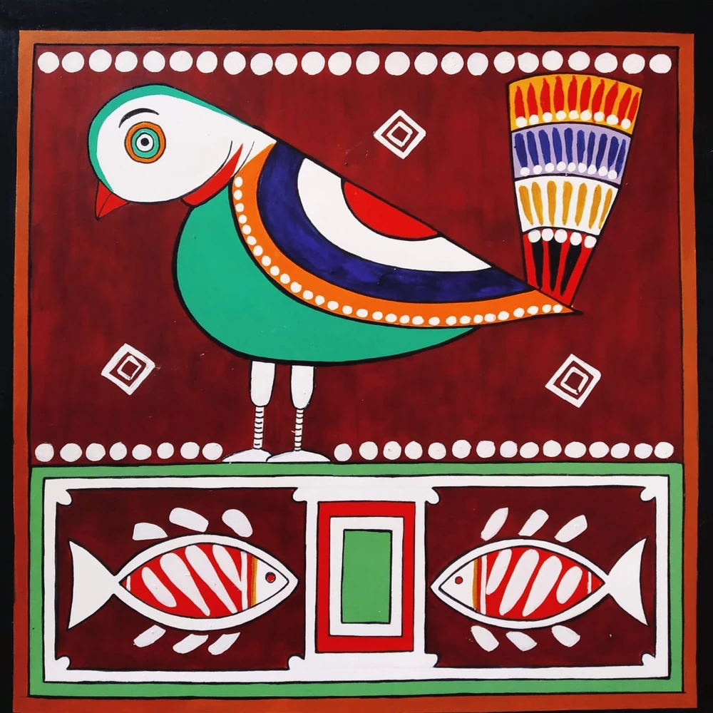 Garden Bird and Twin Fish, a hand-painted folk wall panel in maroon, green and white